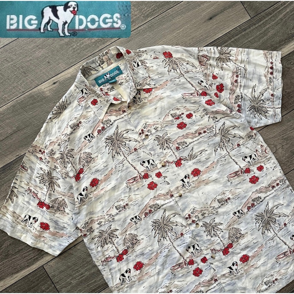 VTG Big Dogs Hawaiian Shirt Rayon Tropical St Bernard Island Print Cream Mens L